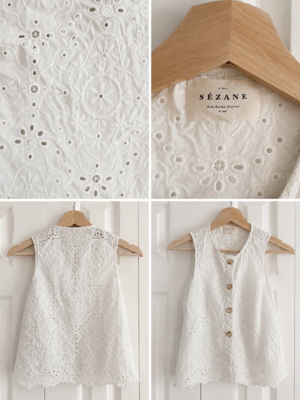 Sézane Roni White Eyelet Embroidered Sleeveless Top – Size 34 (US 2 / XS)